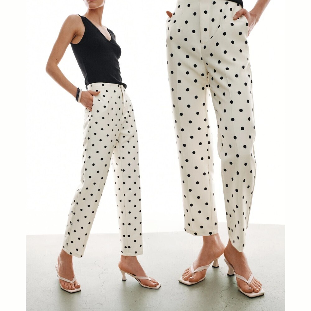 Cream Polka Dot Zip Front High Waist Seam Pocket Cropped Slim Trousers